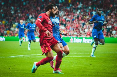Istanbul, Turkey - August 14, 2019: Mohamed Salah and Emerson during the UEFA Super Cup Finals match between Liverpool and Chelsea at Vodafone Park in Vodafone Arena, Turkey