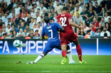 Istanbul, Turkey - August 14, 2019: N'Golo Kante and Joel Matip during the UEFA Super Cup Finals match between Liverpool and Chelsea at Vodafone Park in Vodafone Arena, Turkey