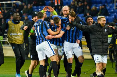 KHARKIV, UKRAINE - December 11, 2019: Atalanta player celebrate goal scored during the UEFA Champions League match between Shakhtar vs Atalanta Bergamasca Calcio BC (Italy), Ukraine