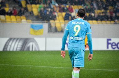 Lviv, Ukrayna - 28 Kasım 2019: Uefa Avrupa Ligi maçında Wout Weghorst oyuncusu Alexandria (Ukrayna) - Wolfsburg (Almanya), Ukrayna