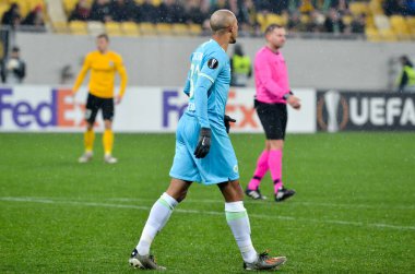 Lviv, Ukrayna - 28 Kasım 2019: Alexandria (Ukrayna) ile Wolfsburg (Almanya), Ukrayna arasındaki Uefa Avrupa Ligi maçı sırasında Marcel Tisserand oyuncusu