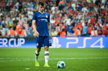 Istanbul, Turkey - August 14, 2019: Mason Mount shoot penalty during the UEFA Super Cup Finals match between Liverpool and Chelsea at Vodafone Park in Vodafone Arena, Turkey
