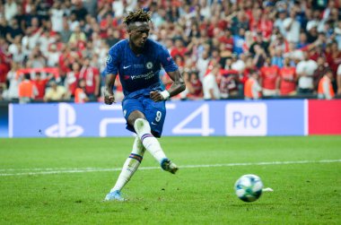 Istanbul, Turkey - August 14, 2019: Tammy Abraham hit penalty during the UEFA Super Cup Finals match between Liverpool and Chelsea at Vodafone Park in Vodafone Arena, Turkey