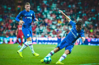 İstanbul, Türkiye - 14 Ağustos 2019: Türkiye 'nin Vodafone Arena kentindeki Vodafone Park' ta Liverpool ile Chelsea arasında oynanan Uefa Süper Kupası Finalleri sırasında futbolcu