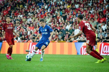 İstanbul, Türkiye - 14 Ağustos 2019: Türkiye 'nin Vodafone Arena kentindeki Vodafone Park' ta Liverpool ile Chelsea arasında oynanan Uefa Süper Kupası Finalleri 'nde Hıristiyan Pulisiç oyuncusu