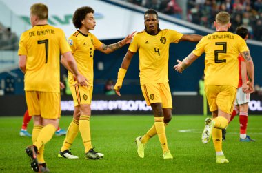 SAINT-PETERSBURG, RUSSIA - November 16, 2019: Belgium national team celebrate goal scored during UEFA EURO 2020 qualifying match between Russia against Belgium team, Russia