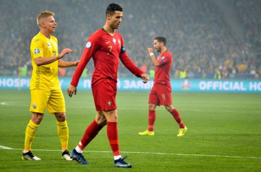 Kyiv, Ukrayna - 14 Ekim 2019: Uefa Euro 2020 ön eleme karşılaşmasında Ukrayna milli takımı Ukrayna ile Ukrayna milli takımı arasında oynanan karşılaşma sırasında Cristiano Ronaldo