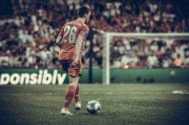 Istanbul, Turkey - August 14, 2019: Andrew Robertson player during the UEFA Super Cup Finals match between Liverpool and Chelsea at Vodafone Park in Vodafone Arena, Turkey