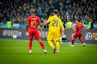 Kyiv, Ukrayna - 14 Ekim 2019: Uefa Euro 2020 ön eleme maçında Joao Mario, Portekiz milli takımı Ukrayna 'ya karşı oynamıştır.