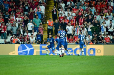 Istanbul, Turkey - August 14, 2019: Emerson and Chelsea celebrates a goal during the UEFA Super Cup Finals match between Liverpool and Chelsea at Vodafone Park in Vodafone Arena, Turkey