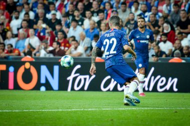 İstanbul, Türkiye - 14 Ağustos 2019: Türkiye 'nin Vodafone Arena kentindeki Vodafone Park' ta Liverpool ile Chelsea arasında oynanan Uefa Süper Kupası Finalleri 'nde Hıristiyan Pulisiç oyuncusu