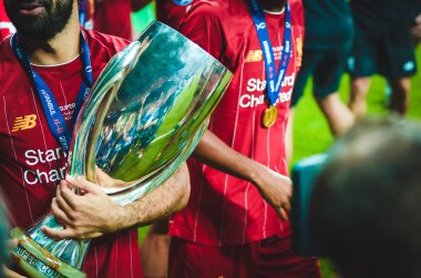 Istanbul, Turkey - August 14, 2019: Mohamed Salah celebrate victory during the UEFA Super Cup Finals match between Liverpool and Chelsea at Vodafone Park in Vodafone Arena, Turkey