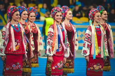 Kyiv, Ukrayna - 14 Ekim 2019: Ukrayna kadın milli takımı Uefa Euro 2020 ön eleme karşılaşmasında performans sergiliyor, Ukrayna