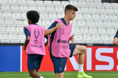 İstanbul, Türkiye - 14 Ağustos 2019: Türkiye 'nin Vodafone Arena kentindeki Vodafone Park' ta Liverpool ile Chelsea arasında oynanan Uefa Süper Kupa Finalleri öncesinde Chelsea futbolcuları antrenman oturumu