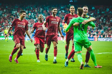 Istanbul, Turkey - August 14, 2019: Liverpool  players celebrates victory in UEFA Super Cup during the UEFA Super Cup Finals match between Liverpool and Chelsea at Vodafone Park, Turkey