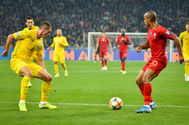 Kyiv, Ukrayna - 14 Ekim 2019: Uefa Euro 2020 ön eleme maçında Joao Mario, Portekiz milli takımı Ukrayna 'ya karşı oynamıştır.