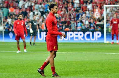 Istanbul, Turkey - August 14, 2019: Trent Alexander-Arnold during the UEFA Super Cup Finals match between Liverpool and Chelsea in Vodafon Arena stadium, Turkey
