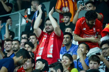 Istanbul, Turkey - August 14, 2019: Liverpool Football fans and spectators during the UEFA Super Cup Finals match between Liverpool and Chelsea at Vodafone Park in Vodafon Arena, Turkey