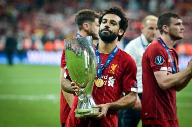 Istanbul, Turkey - August 14, 2019: Mohamed Salah celebrate with UEFA Super Cup 2019 at Vodafone Park in Vodafone Arena, Turkey