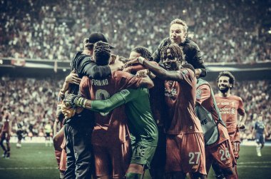 Istanbul, Turkey - August 14, 2019: Liverpool  players celebrates victory in UEFA Super Cup during the UEFA Super Cup Finals match between Liverpool and Chelsea at Vodafone Park, Turkey