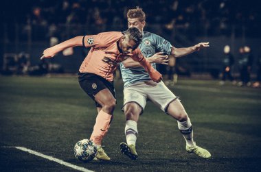 KHARKIV, UKRAINE - September 18, 2019: Kevin De Bruyne and Marlos during the UEFA Champions League match between Shakhtar vs Manchester City (England), Ukraine