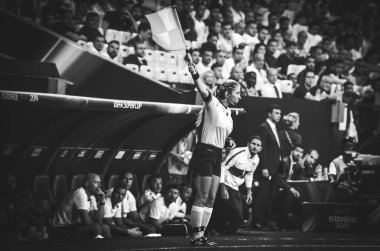 Istanbul, Turkey - August 14, 2019: Linesmen referee woman during the UEFA Super Cup Finals match between Liverpool and Chelsea at Vodafone Park in Vodafone Arena, Turkey