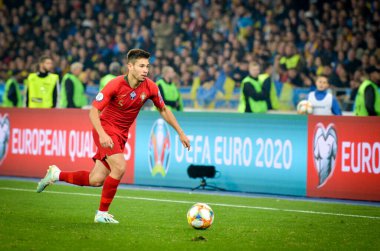 Kyiv, Ukrayna - 14 Ekim 2019: Uefa Euro 2020 ön eleme karşılaşmasında Ukrayna milli takımı Ukrayna ile Ukrayna milli takımı arasındaki Raphael Guerreiro oyuncusu