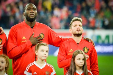 SAINT-PETERSBURG, RUSSIA - November 16, 2019: Romelu Lukaku and Dries Mertens during UEFA EURO 2020 qualifying match between Russia against Belgium national team, Russia