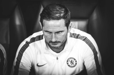 Istanbul, Turkey - August 14, 2019: Coach Frank Lampard with referee during the UEFA Super Cup Finals match between Liverpool and Chelsea at Vodafone Park in Vodafone Arena, Turkey