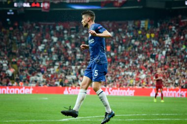 Istanbul, Turkey - August 14, 2019: Jorginho player during the UEFA Super Cup Finals match between Liverpool and Chelsea at Vodafone Park in Vodafone Arena, Turkey