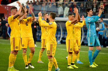 SAINT-PETERSBURG, RUSSIA - November 16, 2019: Belgian national football team thanks fans for their support after UEFA EURO 2020 qualifying match between Russia against Belgium, Russia