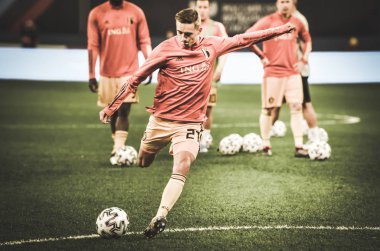SAINT-PETERSBURG, RUSSIA - November 16, 2019: Timothy Castagne and Belgium national football team training session during UEFA EURO 2020 qualifying match between Russia against Belgium, Russia