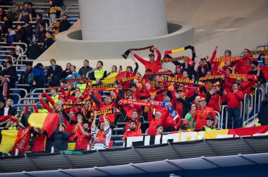 SAINT-PETERSBURG, RUSSIA - November 16, 2019: Belgium Football fans celebrate victory after UEFA EURO 2020 qualifying match between national team Russia against Belgium, Russia