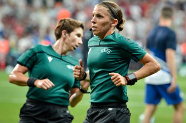 Istanbul, Turkey - August 14, 2019: Women's Referees Panel led by Judge Stephanie Frappart during the UEFA Super Cup Finals match between Liverpool and Chelsea in Vodafon Arena stadium, Turkey