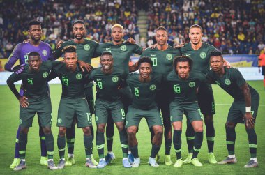 DNIPRO, UKRAINE - September 10, 2019: The starting lineup of the national team of Nigeria during the friendly match between national team Ukraine against Nigeria national team, Ukraine