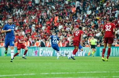 İstanbul, Türkiye - 14 Ağustos 2019: Türkiye 'nin Vodafone Arena kentindeki Vodafone Park' ta Liverpool ile Chelsea arasında oynanan Uefa Süper Kupası Finalleri 'nde Hıristiyan Pulisiç oyuncusu