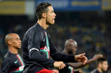 Kyiv, Ukrayna - 14 Ekim 2019: Cristiano Ronaldo ve Uefa Euro 2020 ön eleme maçında Ukrayna ile Portekiz milli takımı Ukrayna arasında oynanan karşılaşma