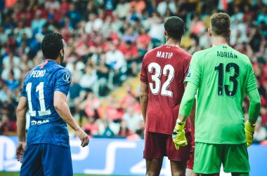 Istanbul, Turkey - August 14, 2019: Pedro and Joel Matip during the UEFA Super Cup Finals match between Liverpool and Chelsea at Vodafone Park in Vodafone Arena, Turkey