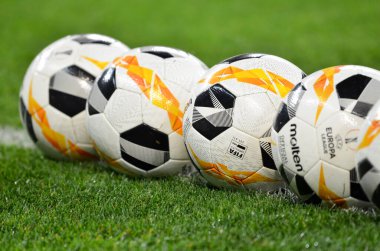 LVIV, UKRAINE - November 07, 2019: Official Molten football match Ball for Europa League during the UEFA Europa League match, Ukraine