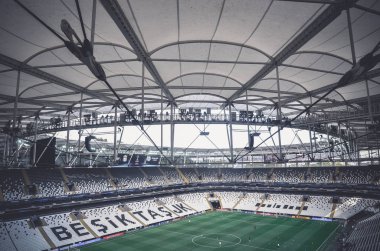 İstanbul, Türkiye - 14 Ağustos 2019: Türkiye 'nin Vodafone Arena kentinde oynanan Uefa Süper Kupası Finalleri öncesinde Vodafone Arenawith stadyumunun genel görünümü