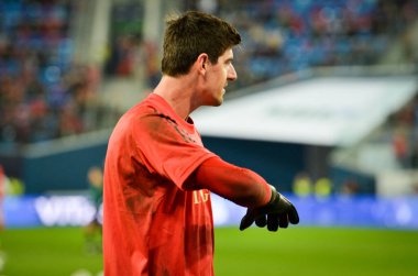 SAINT-PETERSBURG, RUSSIA - November 16, 2019: Thibaut Courtois and Belgium national football team training session during UEFA EURO 2020 qualifying match between Russia against Belgium, Russia