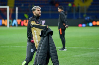 Kharkiv, Ukrayna - 18 Eylül 2019: Uefa Şampiyonlar Ligi maçında Sergio Aguero portresi Shakhtar Donetsk - Manchester City (İngiltere), Ukrayna