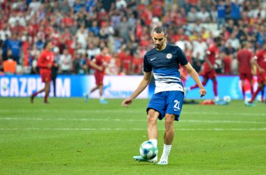 İstanbul, Türkiye - 14 Ağustos 2019: Vodafon Arena, Türkiye 'de Liverpool ile Chelsea arasında oynanan Uefa Süper Kupası Finalleri sırasında Davide Zappacosta