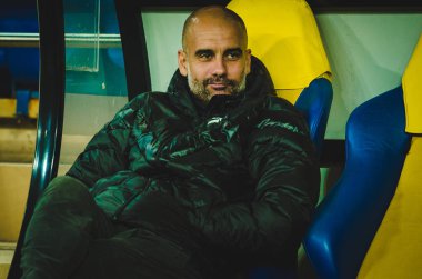 KHARKIV, UKRAINE - September 18, 2019: Pep Guardiola coach during the UEFA Champions League match between Shakhtar Donetsk vs Manchester City (England), Ukraine