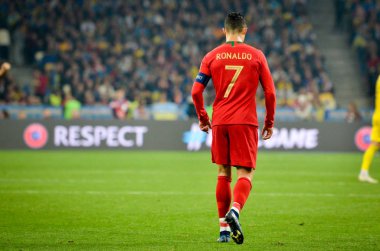 Kyiv, Ukrayna - 14 Ekim 2019: Uefa Euro 2020 ön eleme maçında Ukrayna milli takımı Ukrayna ile Ukrayna milli takımı arasında oynanan Cristiano Ronaldo