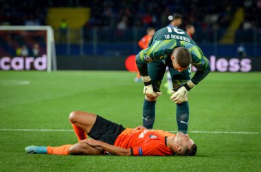 KHARKIV, UKRAINE - September 18, 2019: Ederson helped Junior Moraes during the UEFA Champions League match between Shakhtar vs Manchester City (England), Ukraine
