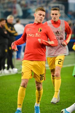 SAINT-PETERSBURG, RUSSIA - November 16, 2019: Thorgan Hazard and Belgium national football team training session during UEFA EURO 2020 qualifying match between Russia against Belgium, Russia
