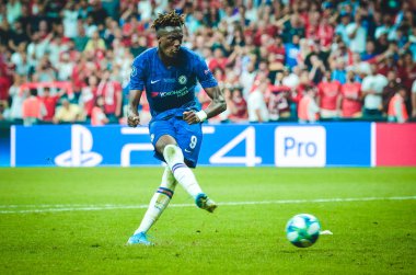 Istanbul, Turkey - August 14, 2019: Tammy Abraham hit penalty during the UEFA Super Cup Finals match between Liverpool and Chelsea at Vodafone Park in Vodafone Arena, Turkey