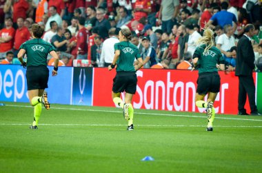 Istanbul, Turkey - August 14, 2019: Women's Referees Panel led by Judge Stephanie Frappart during the UEFA Super Cup Finals match between Liverpool and Chelsea in Vodafon Arena stadium, Turkey