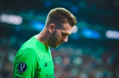 İstanbul, Türkiye - 14 Ağustos 2019: Vodafone Arena, Türkiye 'deki Vodafone Park' ta Liverpool ile Chelsea arasında oynanan Uefa Süper Kupası Finalleri 'nde Adrian oyuncusu